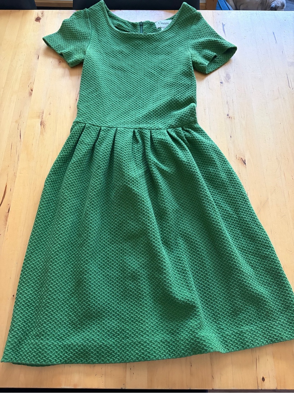 Ganni Green Textured Short-Sleeve Fit-and-Flare Dress